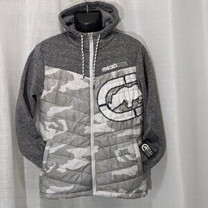 Mens Ecko Unltd Camo Quilted Zip-Up Hooded Jacket Size Small Gray